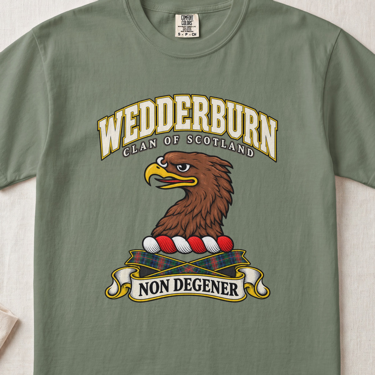 Wedderburn Scottish clan T-shirt in Moss, front view with a brown eagle head and motto design.
