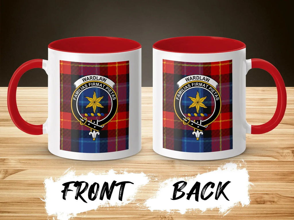 Wardlaw family crest plaid design ceramic mug — front view, red handle