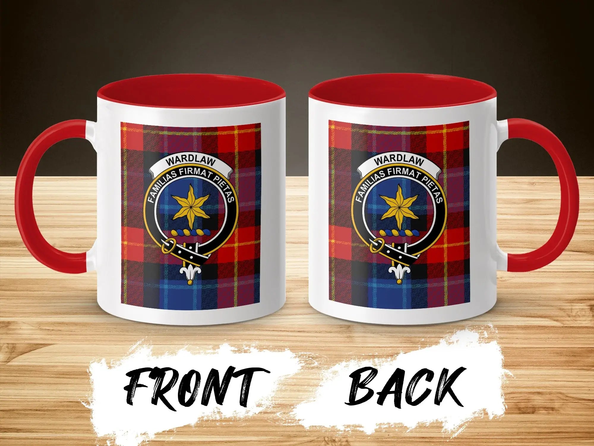 Wardlaw family crest plaid design ceramic mug — front view, red handle