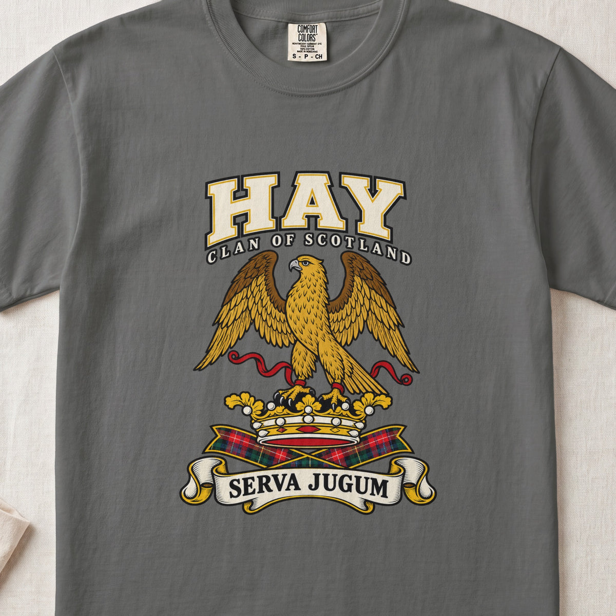 Hay graphic T-shirt in Pepper gray, front flat lay showing varsity lettering and gold eagle with spread wings and red ribbon.