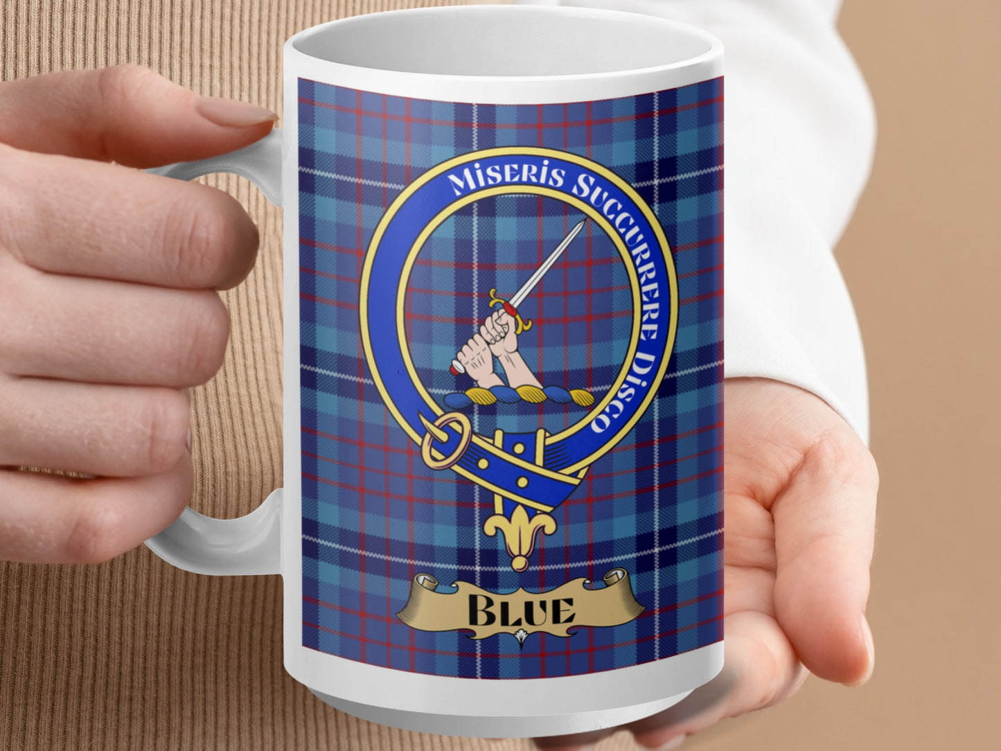 Miseris Succurrere Disco Blue Tartan Design Mug - Living Stone Gifts