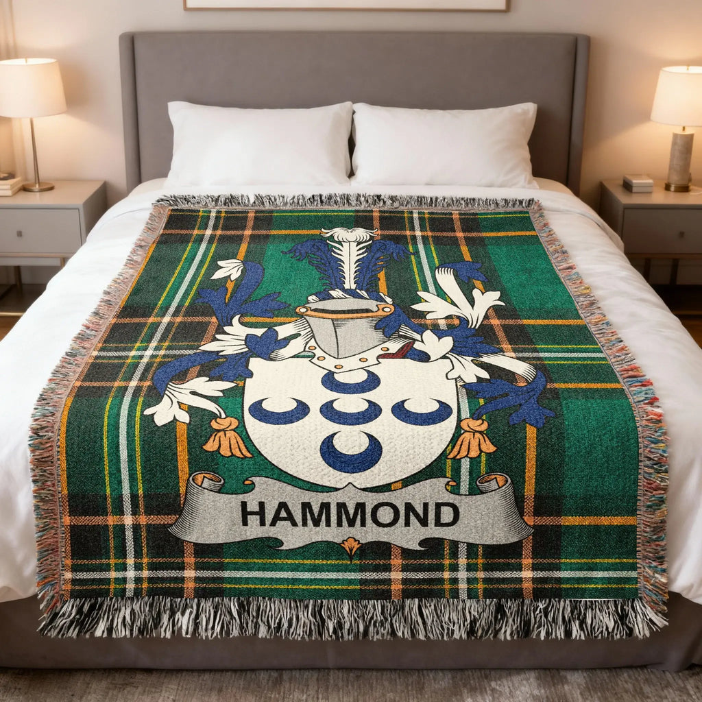 Green tartan blanket with Hammond family crest and name banner.