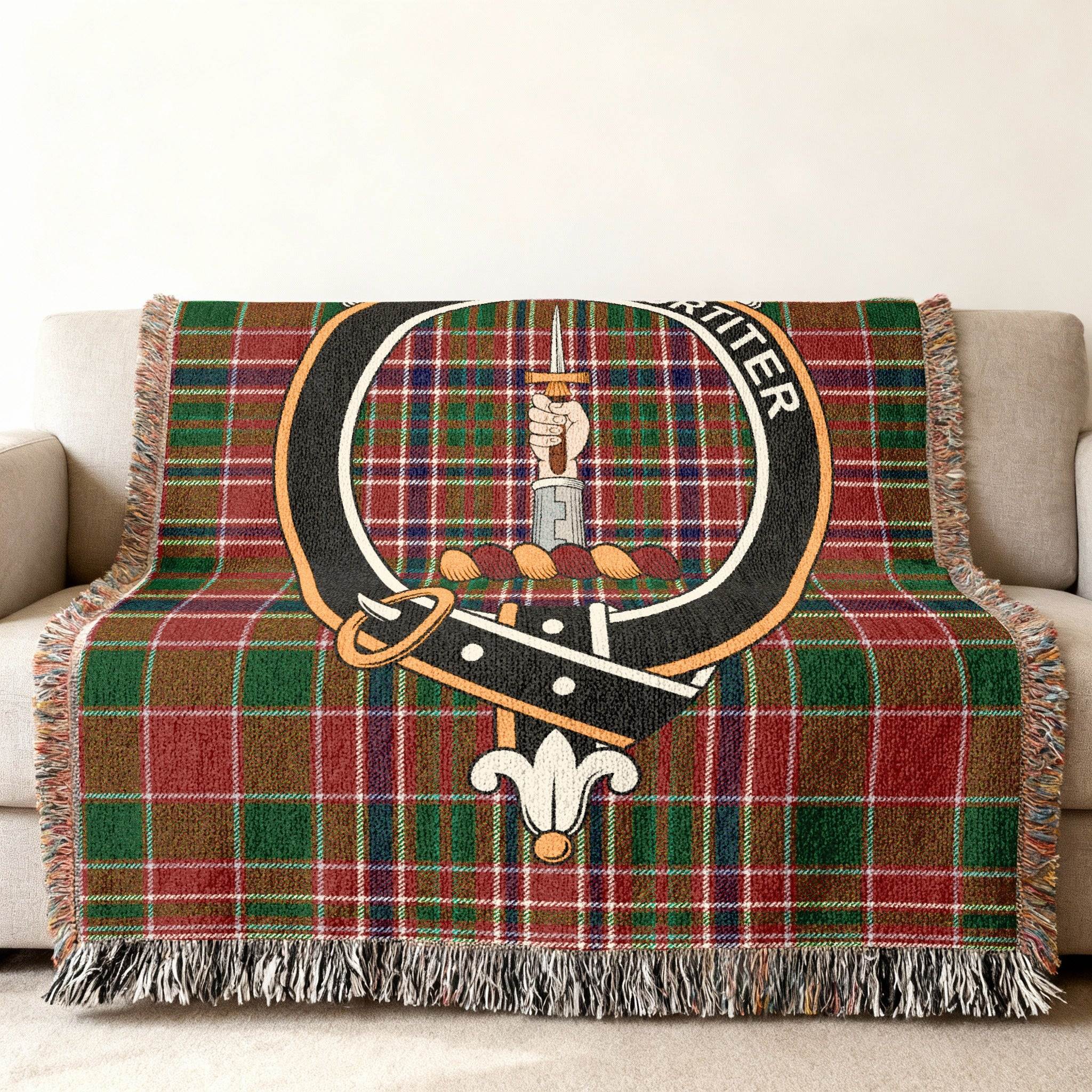 MacAlister Scottish clan tartan crest throw blanket — woven fringe edges, 100% cotton