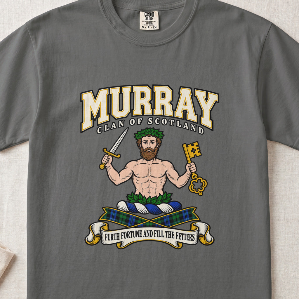 Murray of Athole graphic T-shirt in Pepper gray, front flat lay showing varsity lettering and bearded bare-chested man wearing green leaves and holding a sword and large gold key.