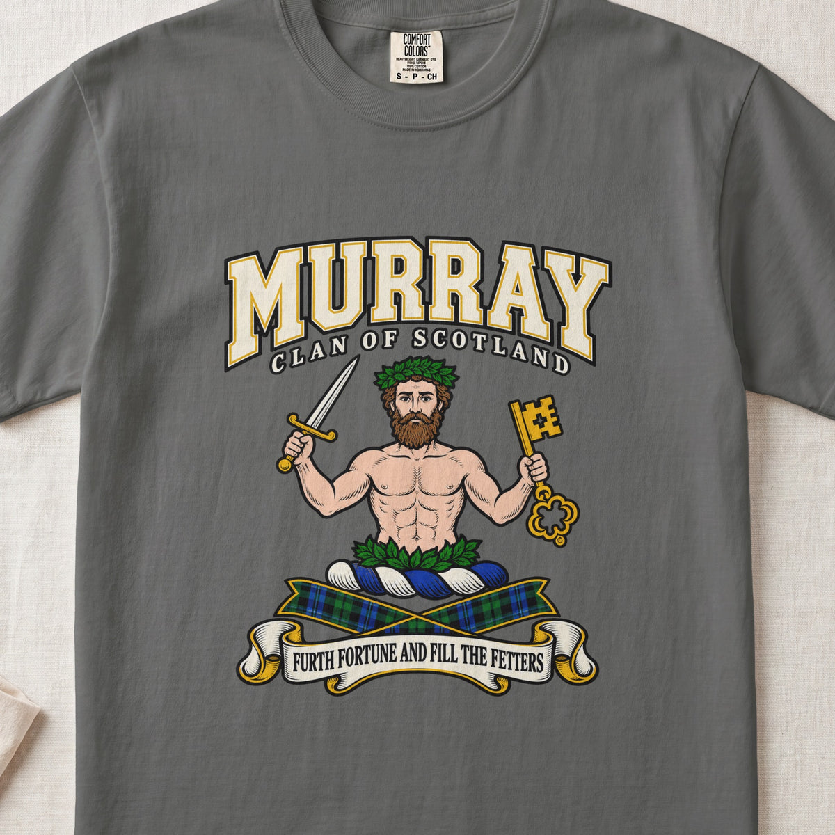 Murray of Athole graphic T-shirt in Pepper gray, front flat lay showing varsity lettering and bearded bare-chested man wearing green leaves and holding a sword and large gold key.