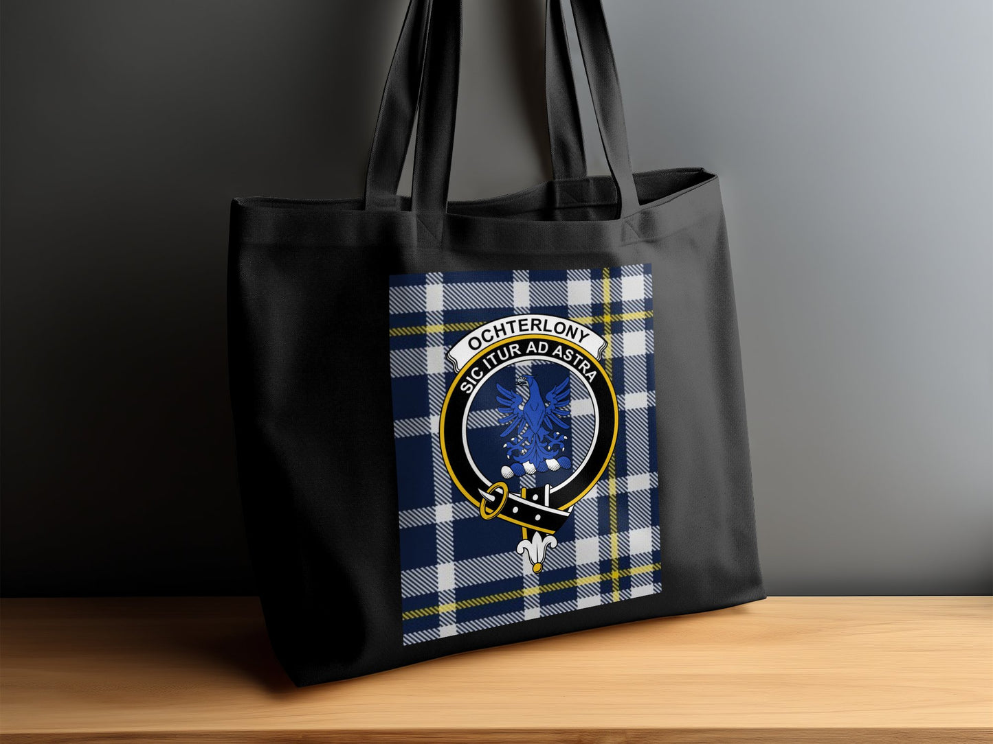 Scottish Clan Crest on Tartan Background Tote Bag - Living Stone Gifts