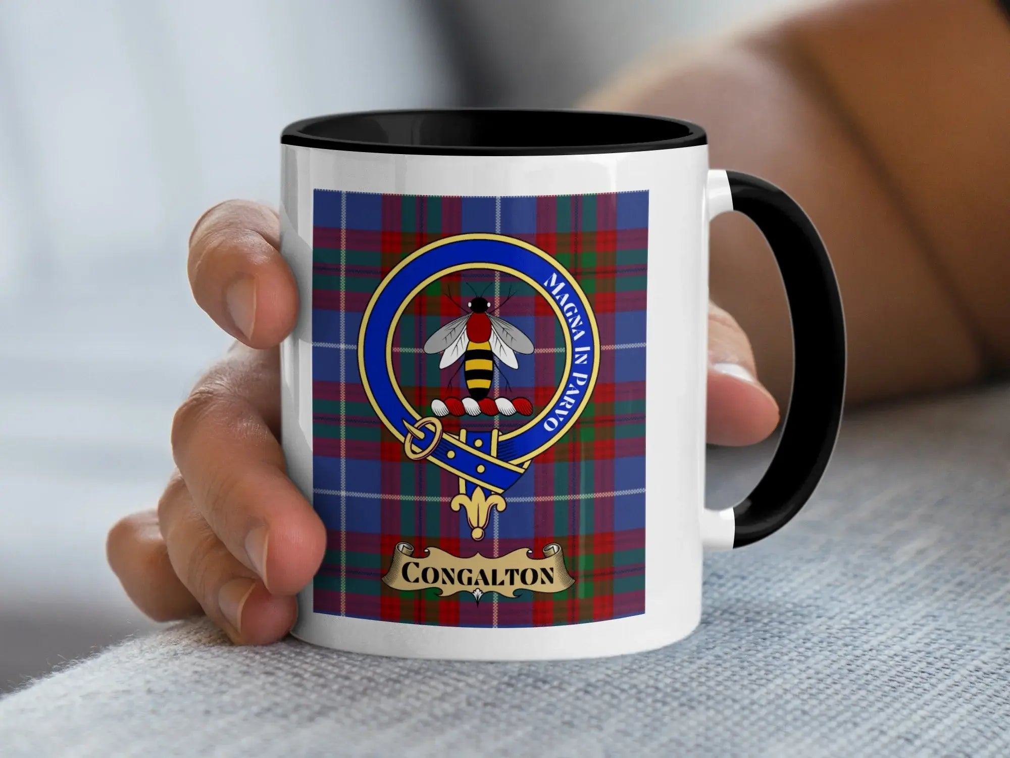 Congalton tartan mug with a coloured accent handle and interior