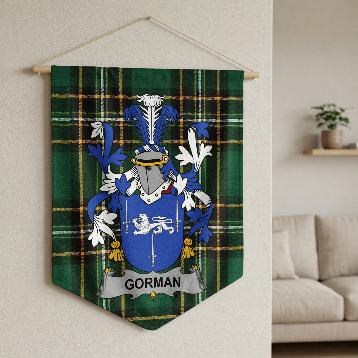Gorman family crest on a green tartan banner hanging on a wall.