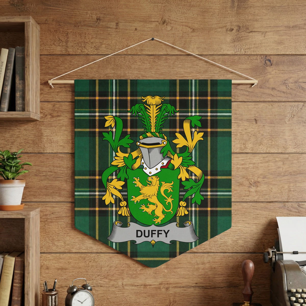 Duffy family crest on green plaid banner hanging on wood-paneled wall.