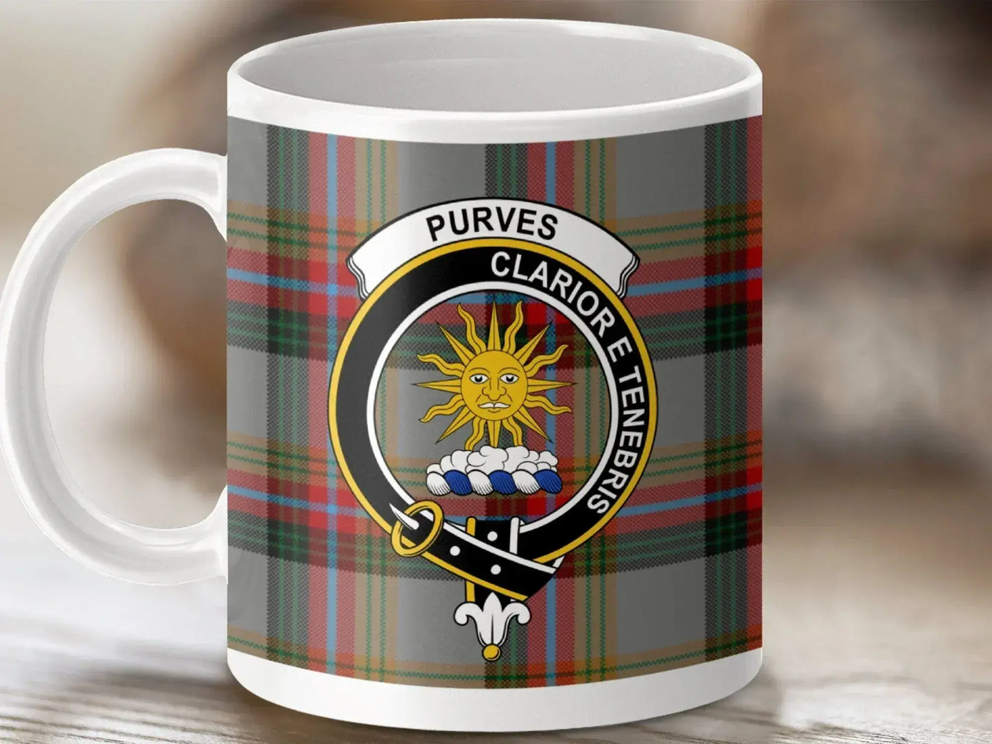 Purves Clan Tartan Mug with Family Crest product type