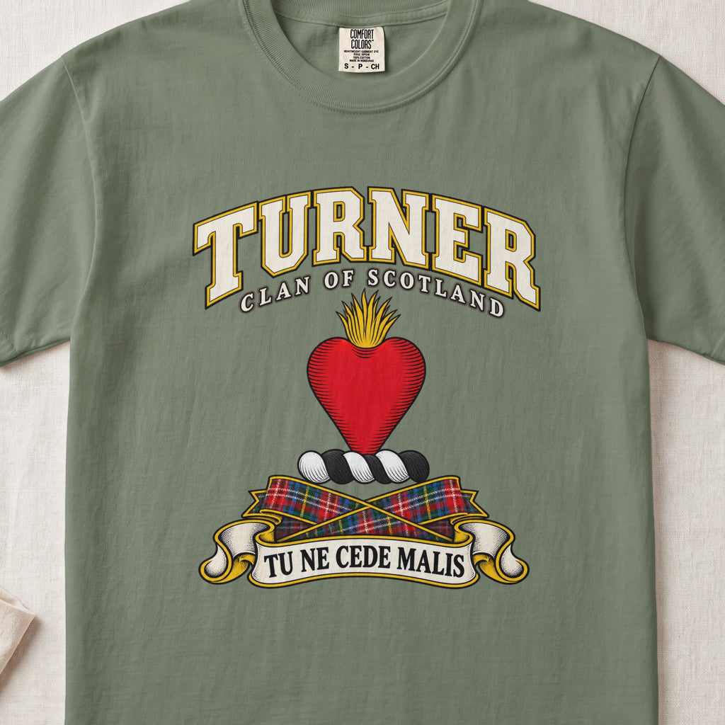 Turner Scottish clan T-shirt in Moss, front view with a red heart topped with golden flames and motto banner.