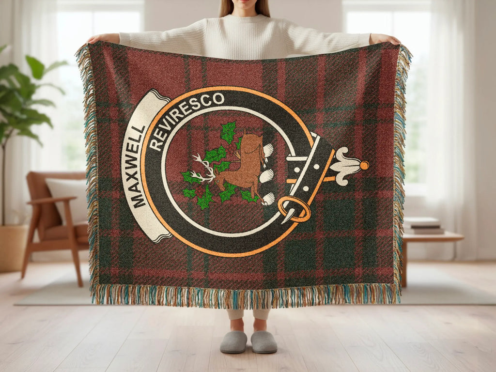 Maxwell clan tartan woven blanket with fringe edge — Reviresco stag crest on cotton throw