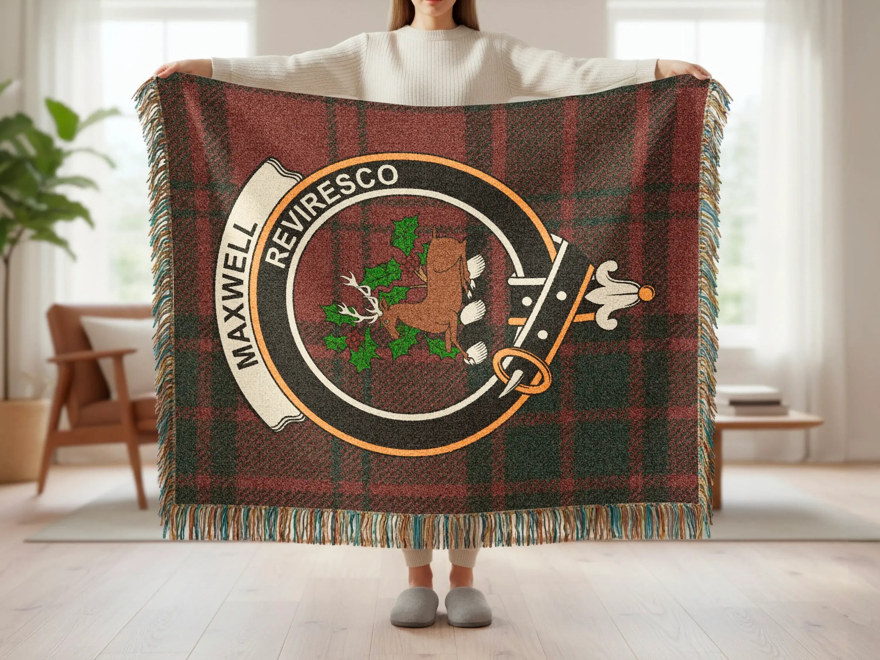 Maxwell clan tartan woven blanket with fringe edge — Reviresco stag crest on cotton throw