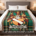 Tartan blanket featuring Fitz-Nicol coat of arms on a bed.