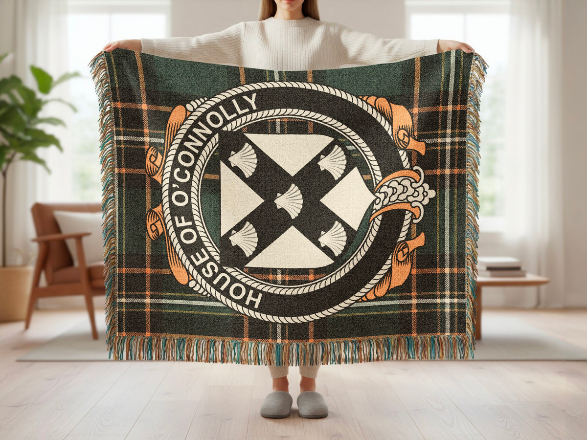 O'Connolly surname blanket showing Irish National Tartan woven design