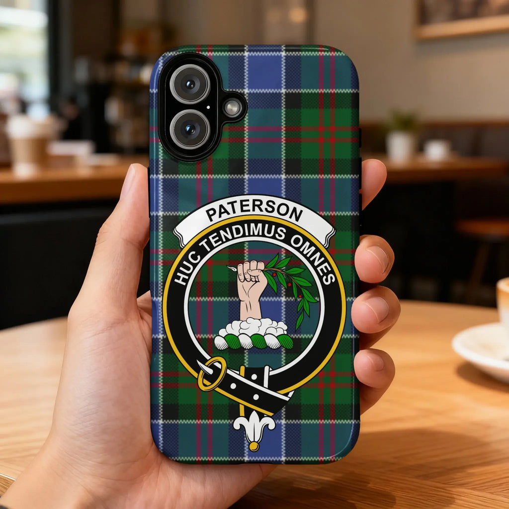 Clan Paterson tartan phone case — full 3D wrap with Huc Tendimus Omnes crest, glossy finish on iPhone