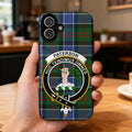 Clan Paterson tartan phone case — full 3D wrap with Huc Tendimus Omnes crest, glossy finish on iPhone