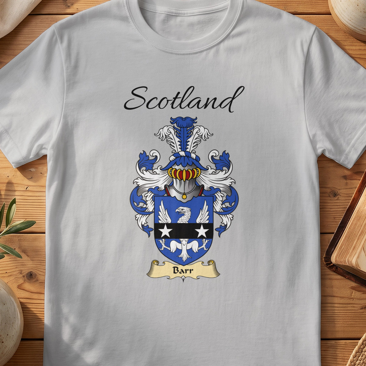 Sport Grey Barr Scottish family shield T-shirt featuring a white eagle crossed by a black band with white stars
