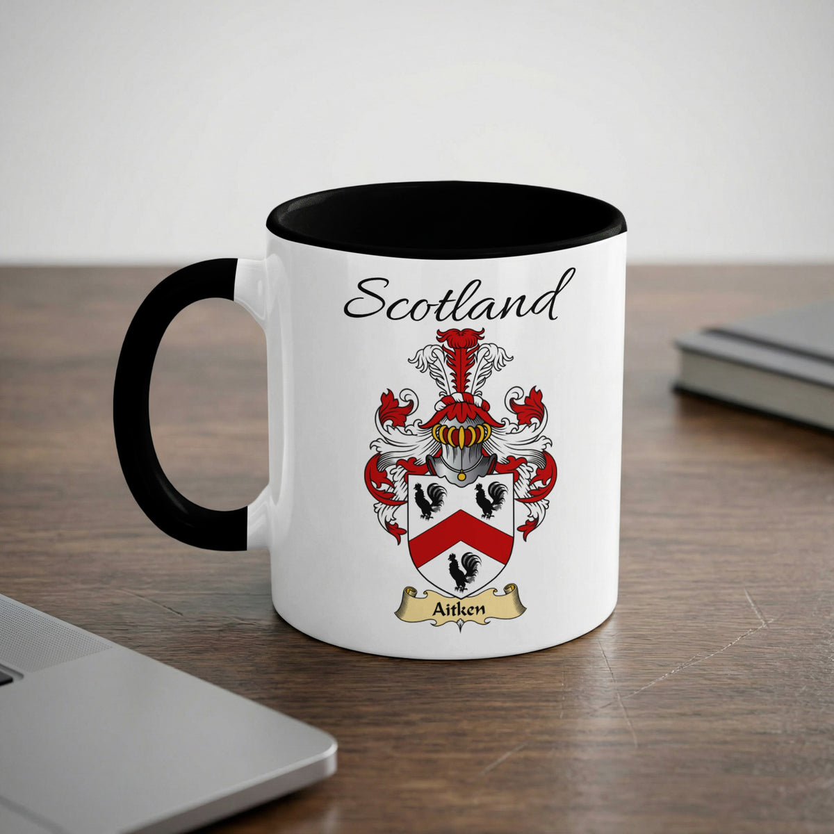 Aitken Scottish family crest accent mug with Scotland lettering and coat of arms artwork