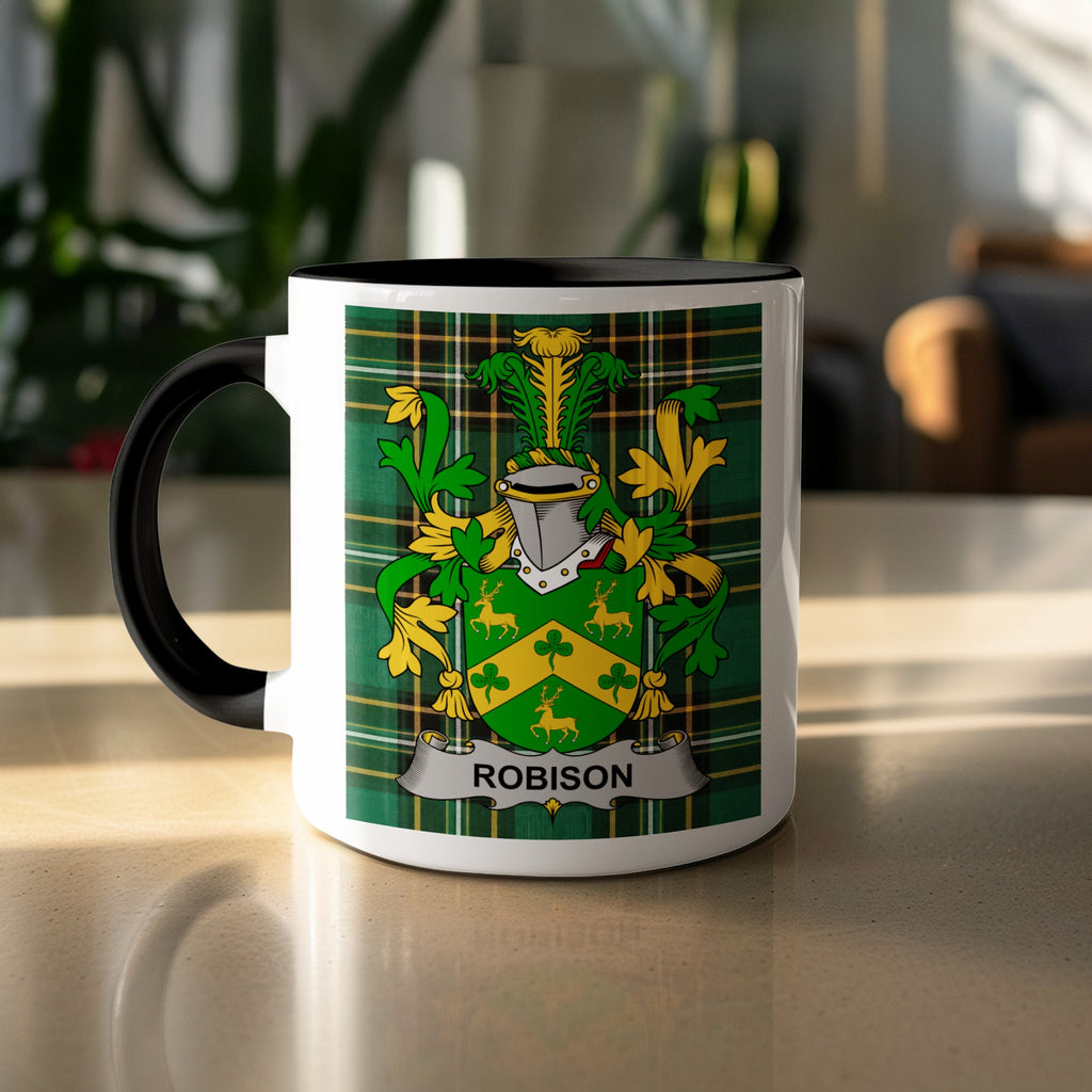 Robison family crest on green Irish National Tartan mug