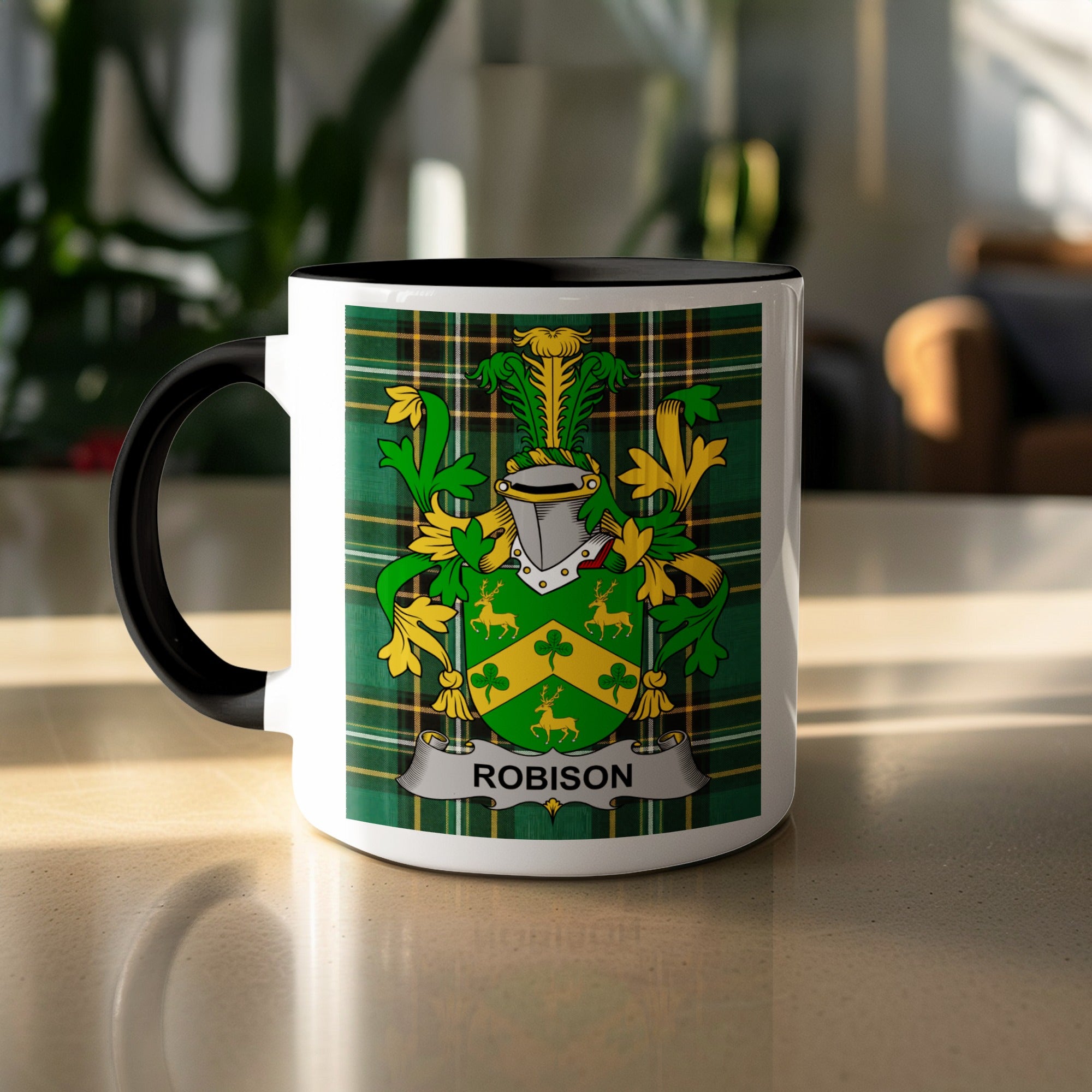 Robison family crest on green Irish National Tartan mug