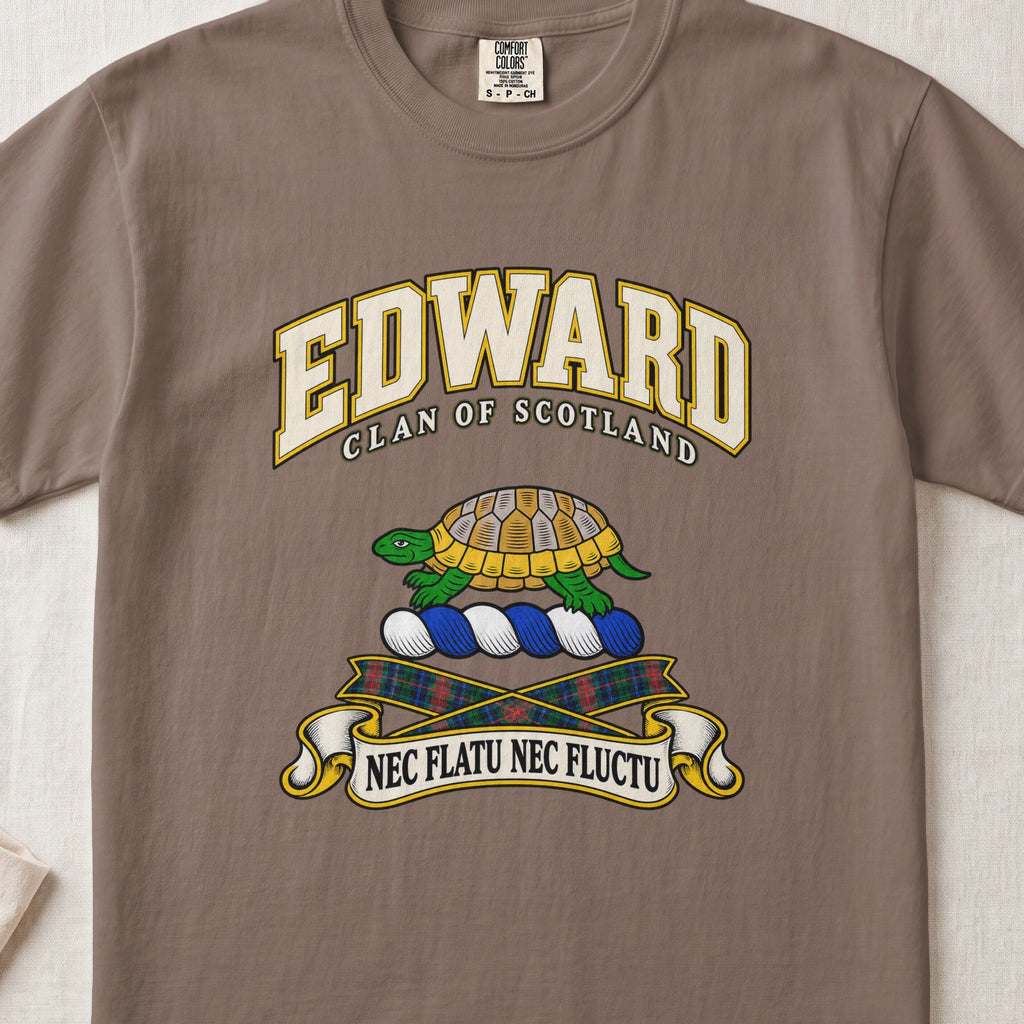 Edward Scottish clan T-shirt in Espresso, front view with a green and gold tortoise and motto design.