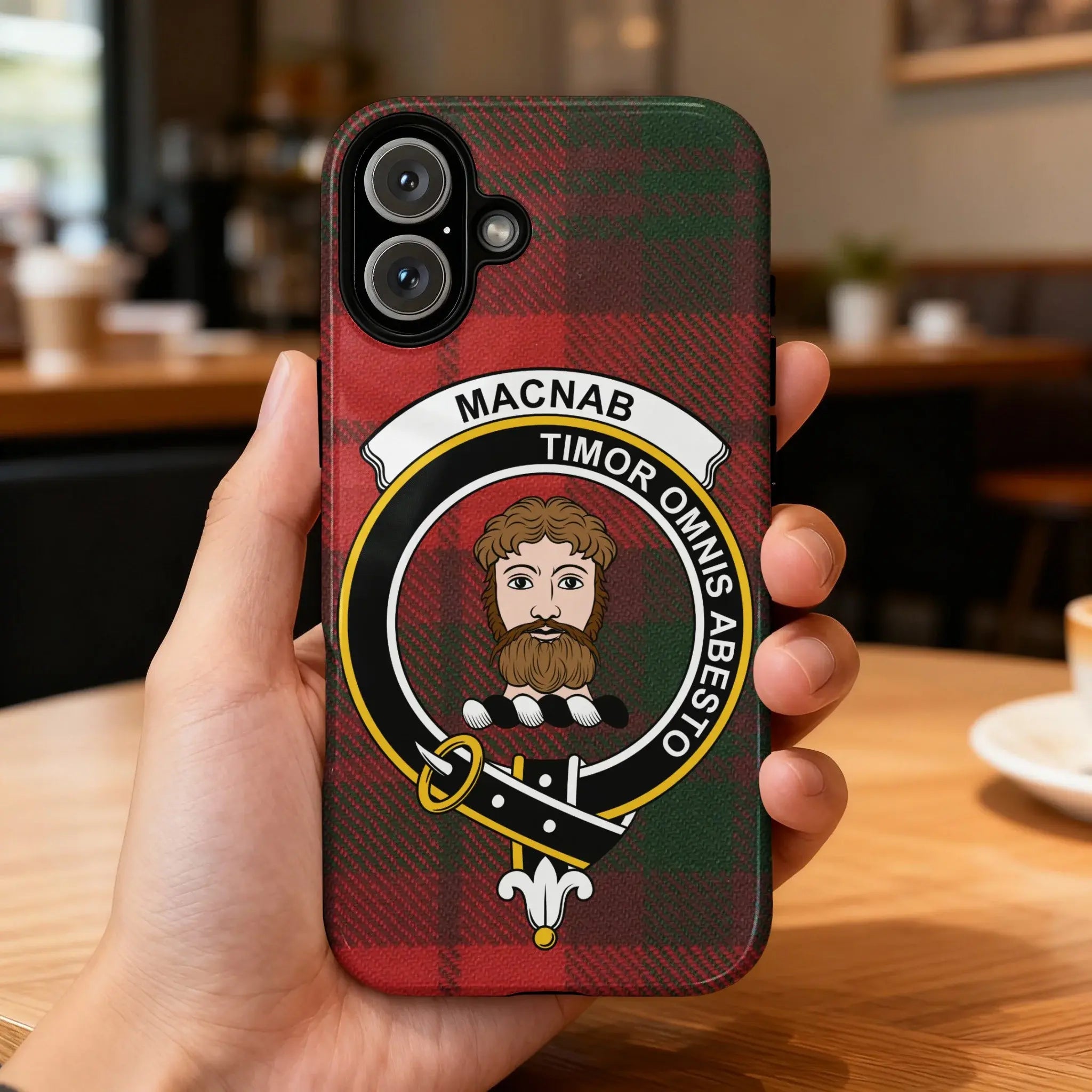 MacNab clan crest tartan phone case — Timor Omnis Abesto full wrap glossy print on iPhone