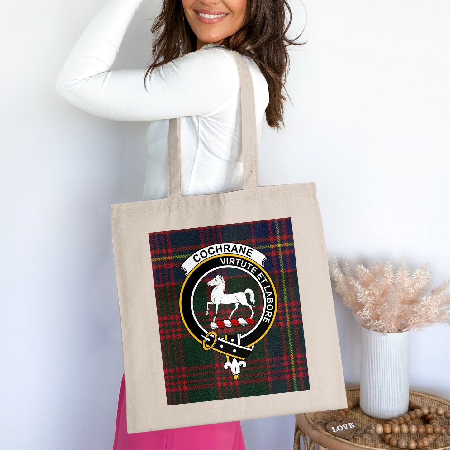 Cochrane Clan Tartan Crest Virtue et Labore Tote Bag - Living Stone Gifts