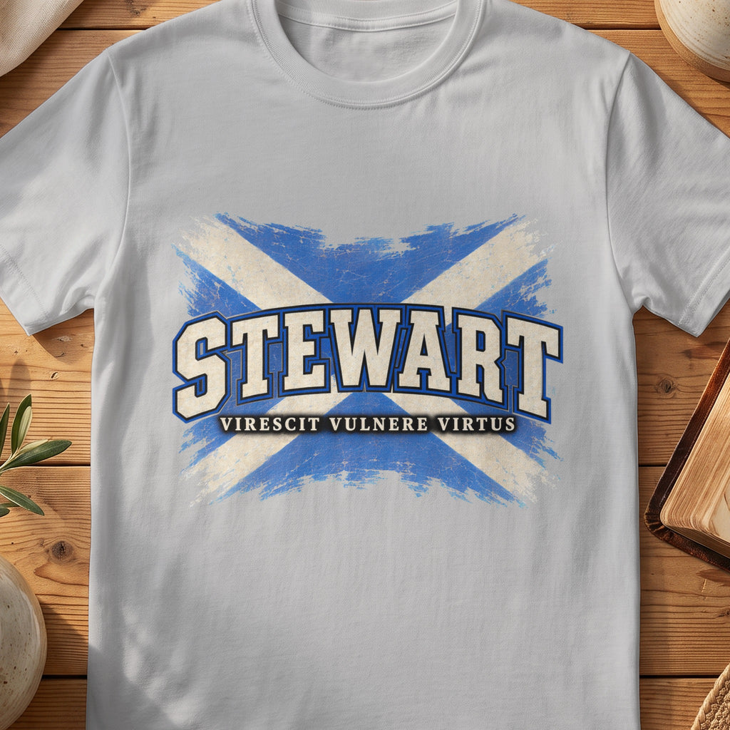 Stewart Scottish Saltire T-shirt in Sport Grey, with distressed blue and cream flag and “Virescit Vulnere Virtus” lettering.