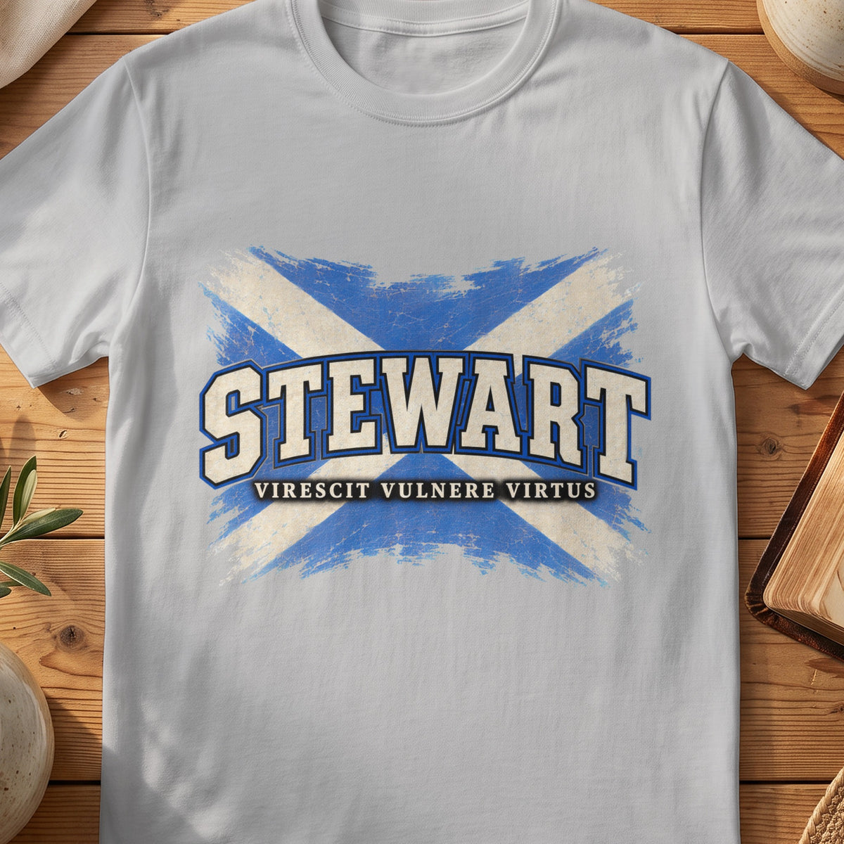 Stewart Scottish Saltire T-shirt in Sport Grey, with distressed blue and cream flag and “Virescit Vulnere Virtus” lettering.