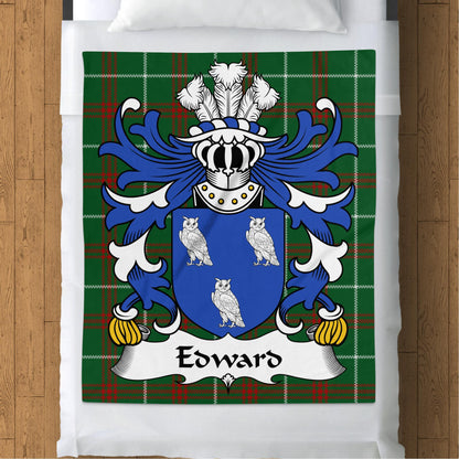 Edward Welsh Surname Coat of Arms on Tartan Background Blanket - Living Stone Gifts