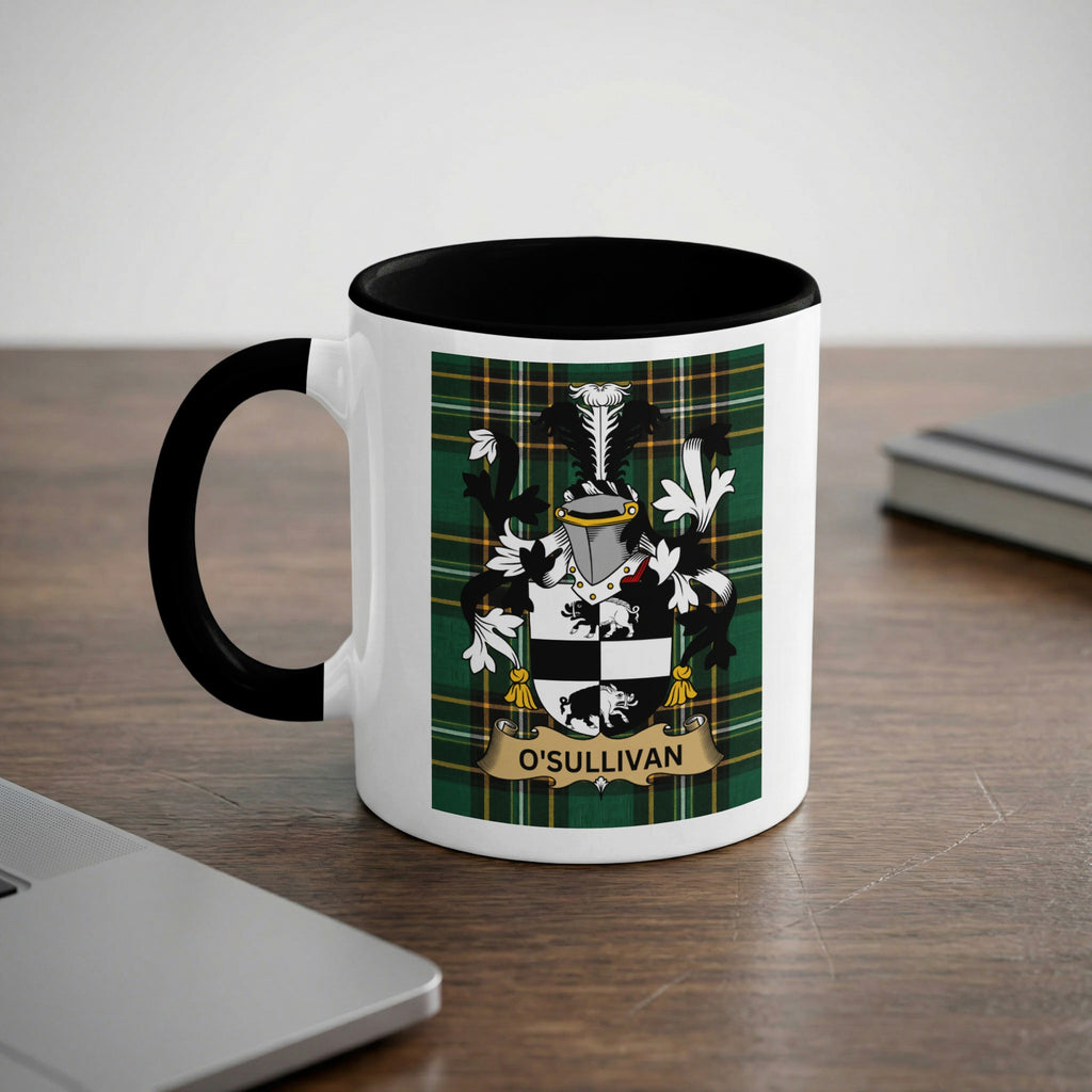 O'Sullivan 11 oz black accent mug featuring Irish family crest and tartan