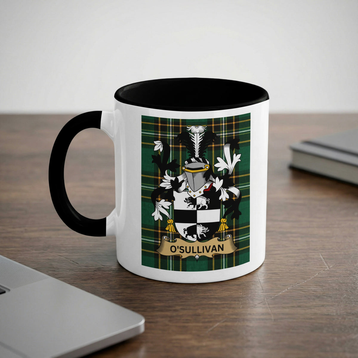 O'Sullivan 11 oz black accent mug featuring Irish family crest and tartan