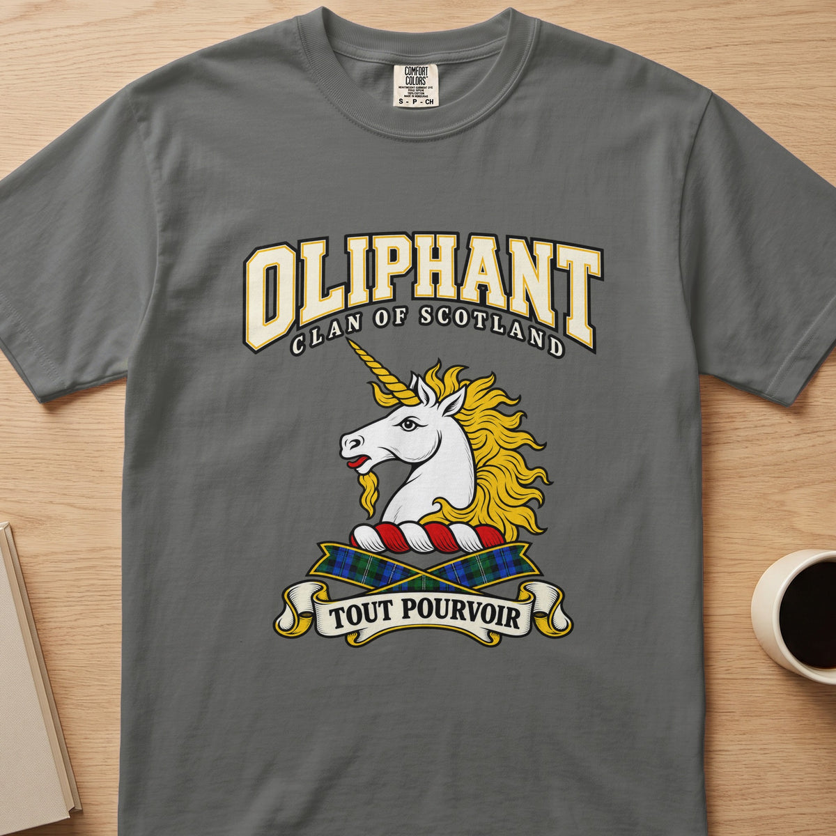 Oliphant clan T-shirt in gray, front view with white unicorn head with a flowing gold mane