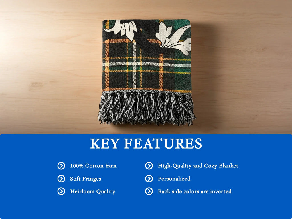 Plaid throw blanket with fringe and key features listed.
