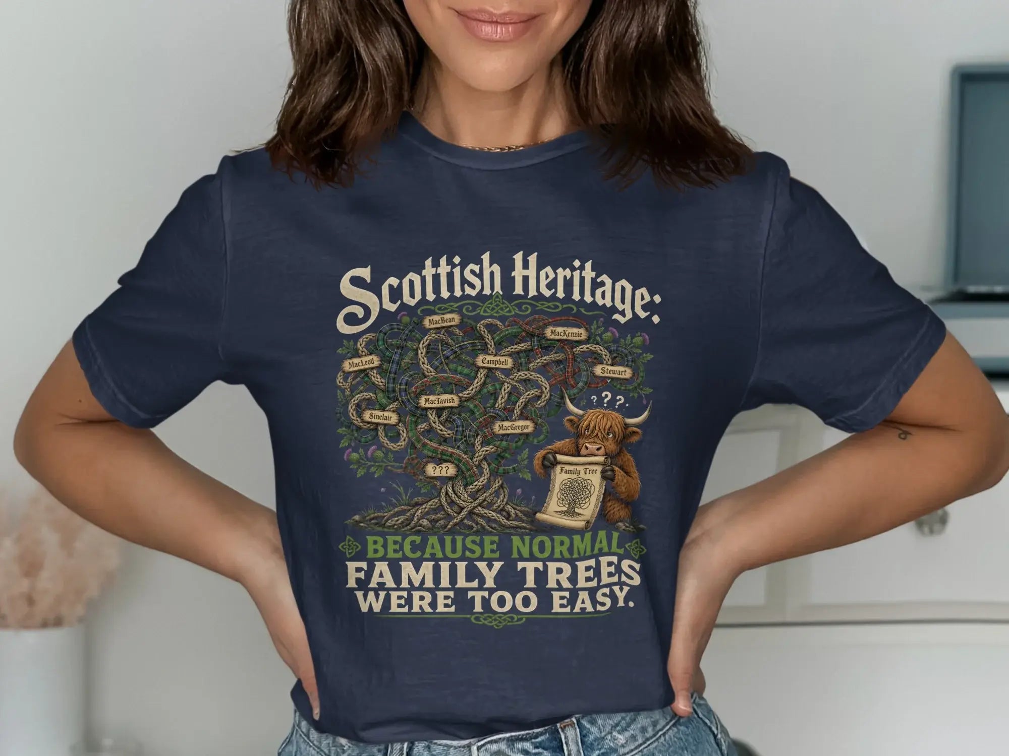 Navy t-shirt with a humorous Scottish family tree design.