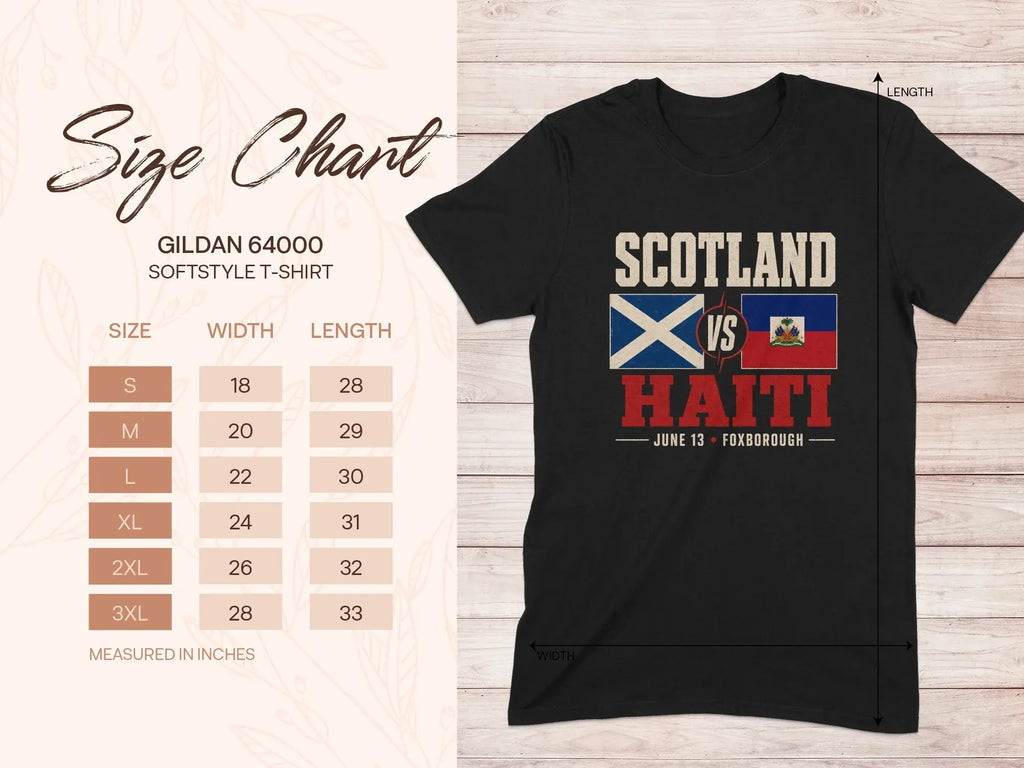 Gildan 64000 t-shirt size chart and Scotland vs. Haiti graphic.