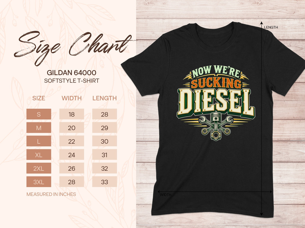 Gildan 64000 unisex T-shirt size chart with width and length measurements