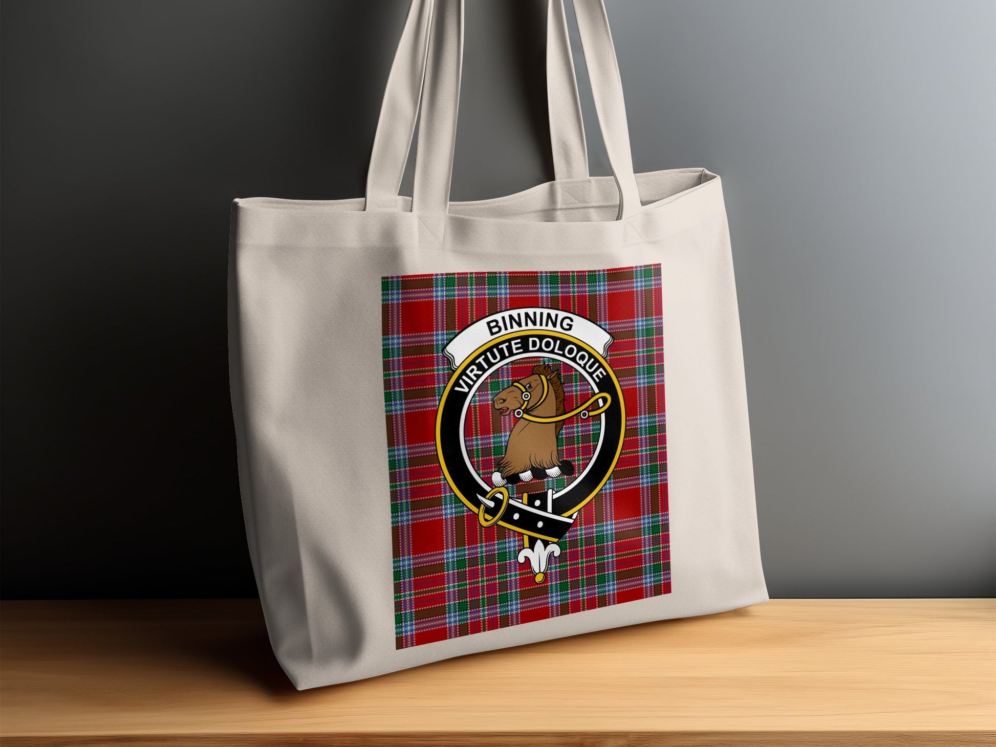 Binning Clan Crest with Scottish Tartan Background Tote Bag - Living Stone Gifts