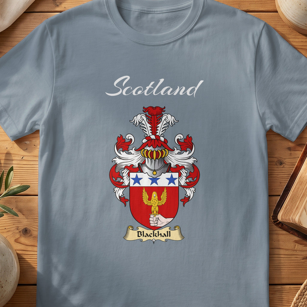 Blackhall Scottish family shield T-shirt in Stone Blue