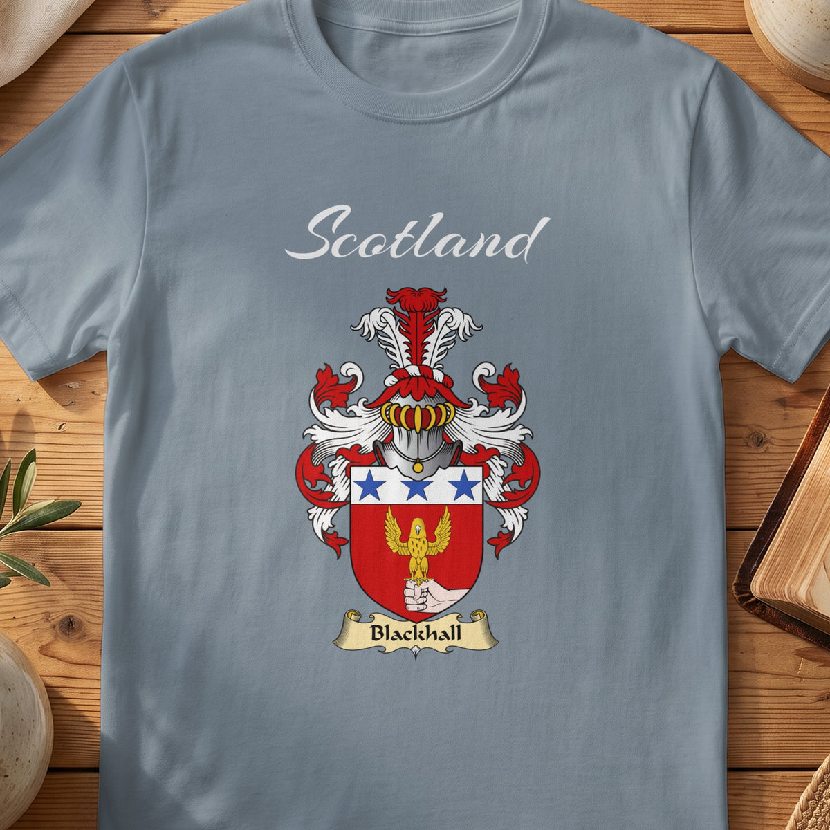 Blackhall Scottish family shield T-shirt in Stone Blue