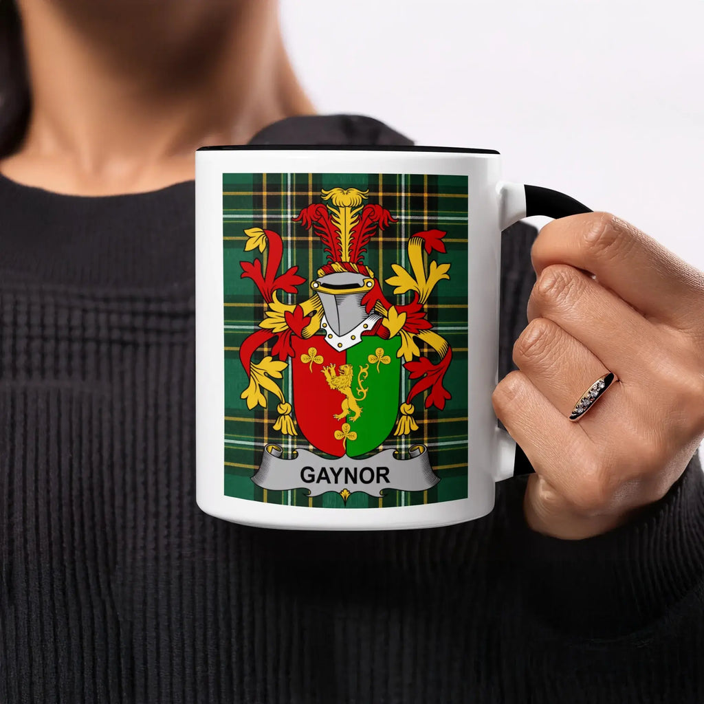 Mug with Gaynor family crest on tartan background.