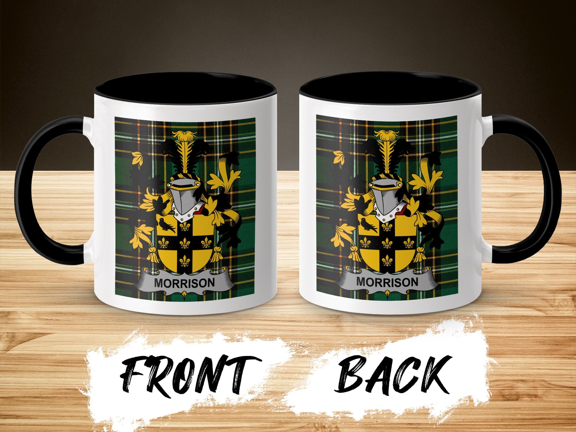 Mug with Morrison family crest on plaid background, front and back view.