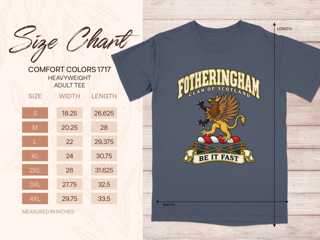 Comfort Colors 1717 size chart for the Fotheringham Scottish clan T-shirt, adult sizes S–4XL.