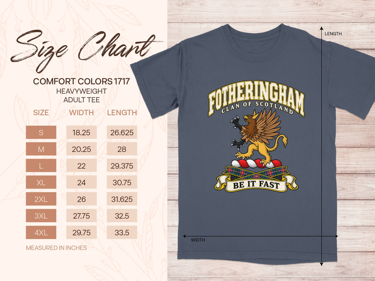 Comfort Colors 1717 size chart for the Fotheringham Scottish clan T-shirt, adult sizes S–4XL.