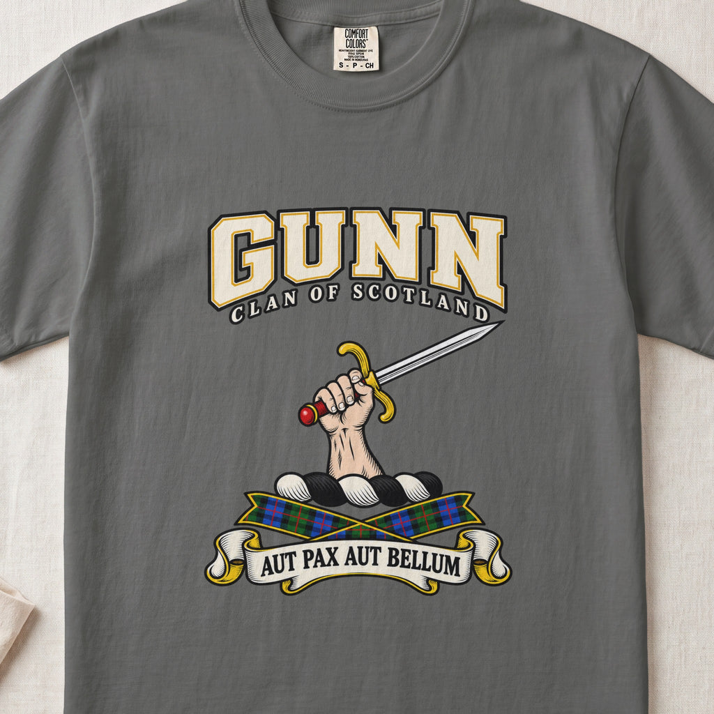 Gunn graphic T-shirt in Pepper gray, front flat lay showing varsity lettering and hand and forearm holding a straight silver sword with gold guard and red pommel.