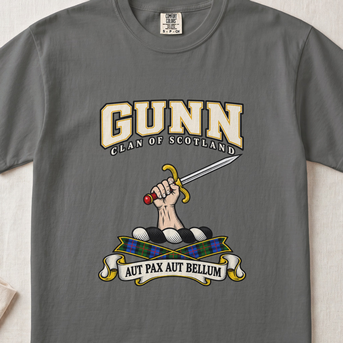 Gunn graphic T-shirt in Pepper gray, front flat lay showing varsity lettering and hand and forearm holding a straight silver sword with gold guard and red pommel.