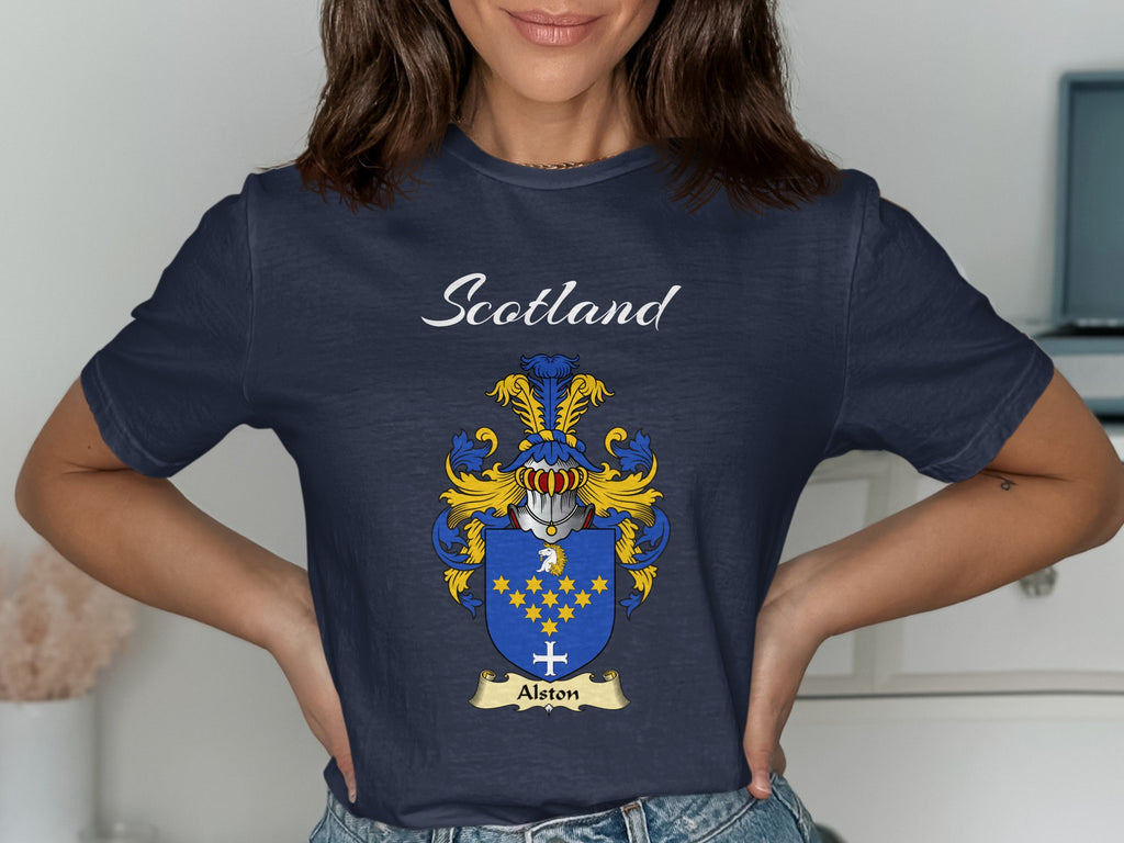 Alston Scottish family shield design on Navy T-shirt