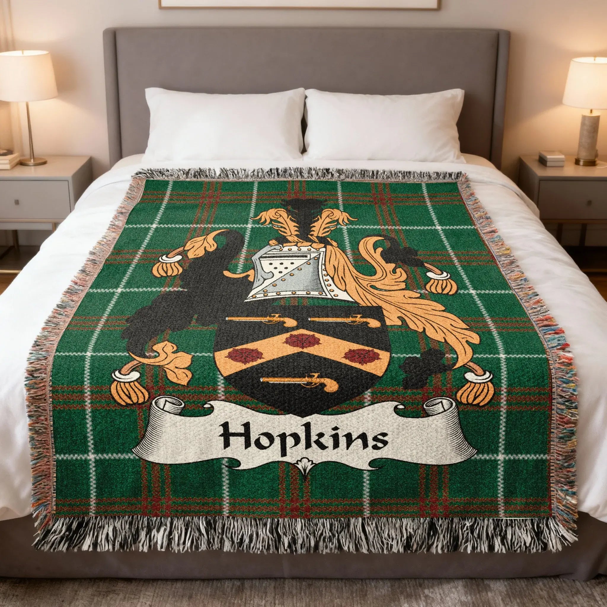 Hopkins Welsh crest woven blanket on Welsh national tartan