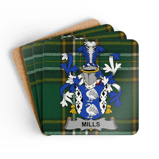 Mills Family Crest on Green Plaid Background Coaster product type